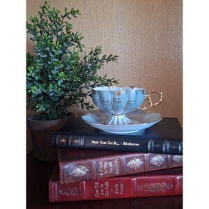 Royal Sealy Gold Lines Floral White Teal Blue Lusterware Footed Cup Saucer Set